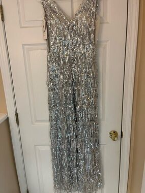 Silver Sequin V-Neck Evening Dress